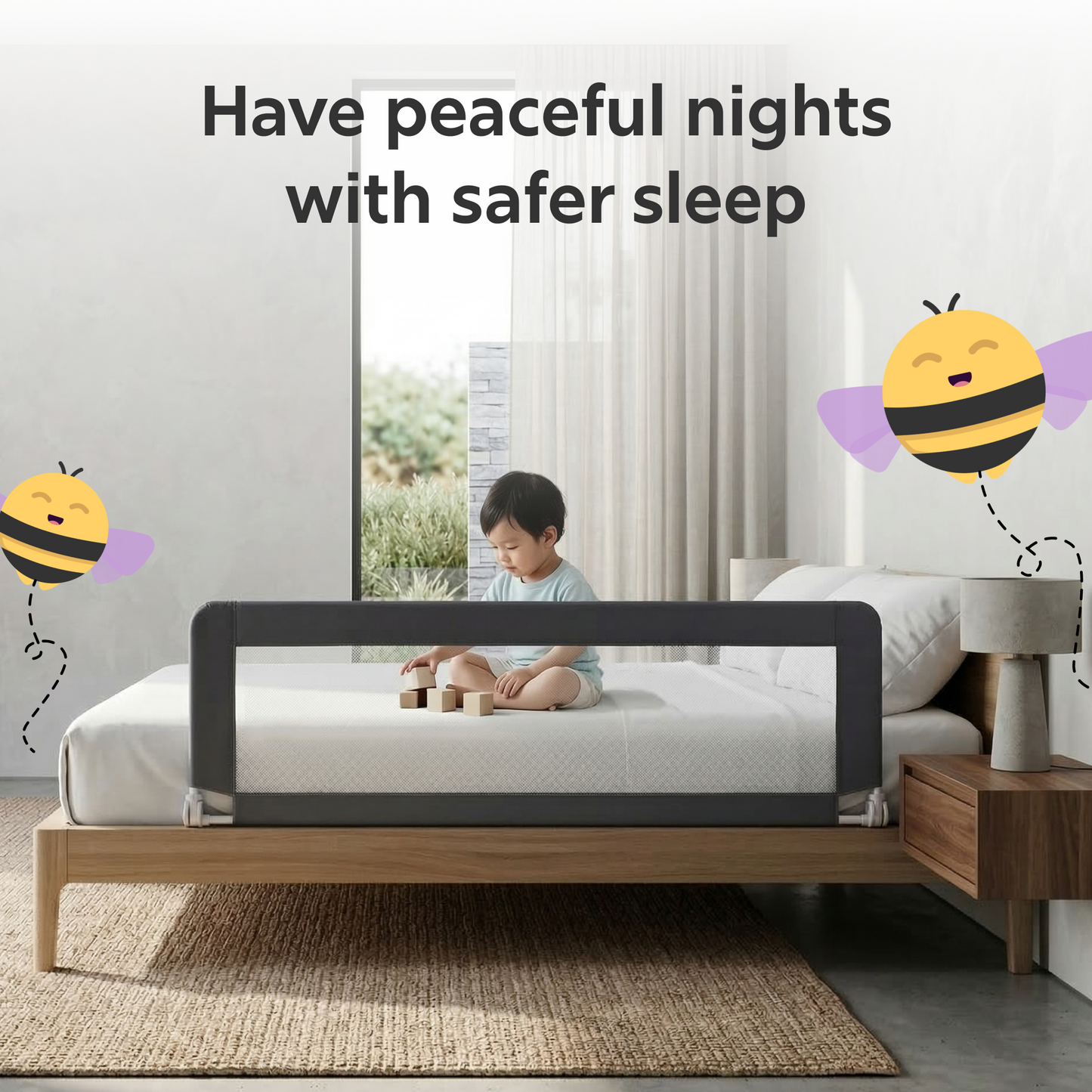 BeeKidd Bedroom Sleep Safety Combo for Baby Proofing - Baby Safety Swing Down Bed Rail, Finger Pinch Guard & Door Stopper | Complete Bedroom Safety Kit for Babies & Toddlers