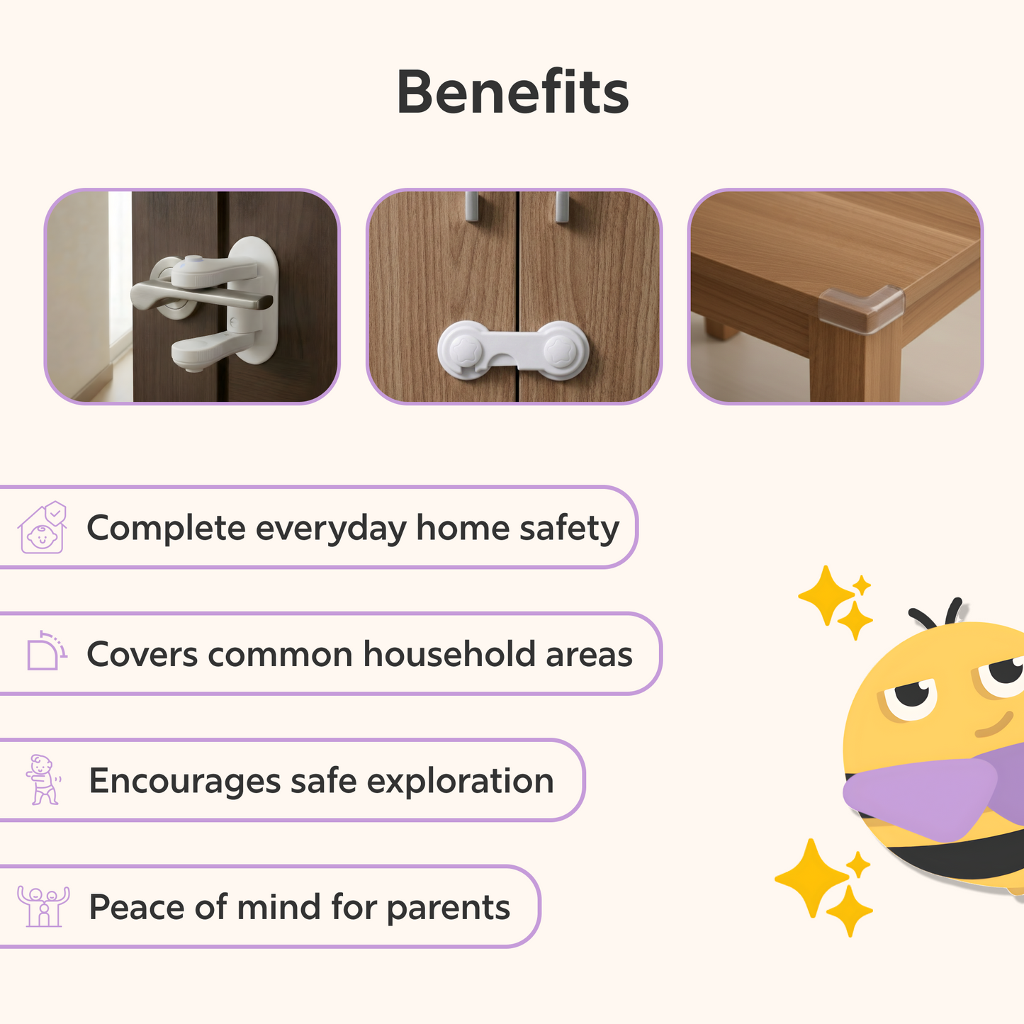 BeeKidd Full Home Starter Combo for Baby Proofing - Sharp Corner Protectors, Cabinet & Cupboard Safety Lock & Child Door Lever Lock | Complete Home Child Safety Starter Kit for Babies & Toddlers