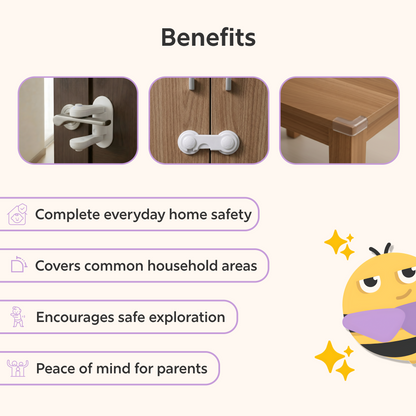 BeeKidd Full Home Starter Combo for Baby Proofing - Sharp Corner Protectors, Cabinet & Cupboard Safety Lock & Child Door Lever Lock | Complete Home Child Safety Starter Kit for Babies & Toddlers