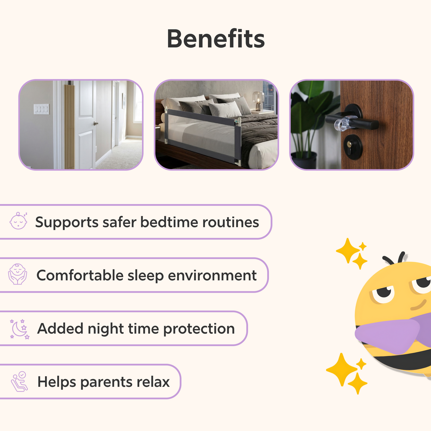 BeeKidd Bedroom Sleep Safety Combo for Baby Proofing - Baby Safety Swing Down Bed Rail, Finger Pinch Guard & Door Stopper | Complete Bedroom Safety Kit for Babies & Toddlers