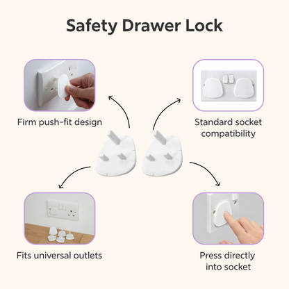 BeeKidd Electrical Safety Combo for Baby Proofing - Plug Protectors, Small Multi-Purpose Safety Lock & Safety Drawer Lock | Complete Electrical & Storage Safety Kit for Babies & Toddlers